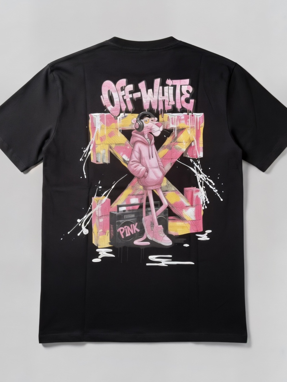 Off-White Black Tee with Pink Graphic Panther Print • Size XL • NWT